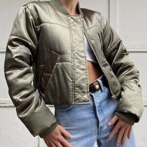 Asos Green Satin Look Woman's Cropped Bomber Jacket Size 14